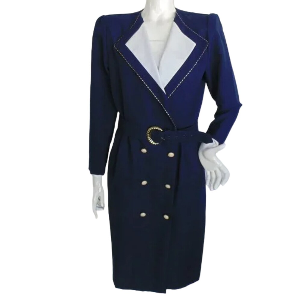 IN CINQ Dress, L, Navy/White, Career, Faux Double Breast, Belt, Long sleeves